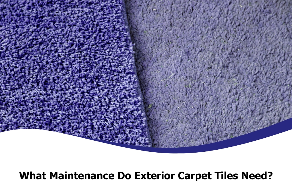 Close-up of blue exterior carpet tiles highlighting their texture, illustrating the need for proper maintenance and care.