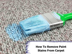 Blue paintbrush creating carpet paint stains on grey carpet with text 'How to Remove Paint Stains from Carpet.