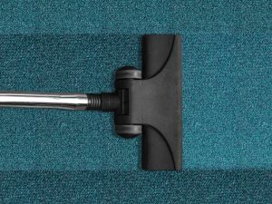 Vacuuming clean carpet after removing paint stains, demonstrating a stain-free, well-maintained surface with visible cleaning lines.