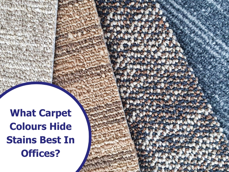 Variety of carpet swatches showing colours that enhance stain resistance in busy office environments.