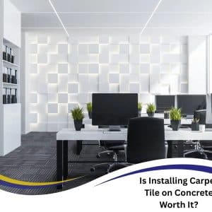Modern office space after installing carpet tile on concrete with white walls and black tiles